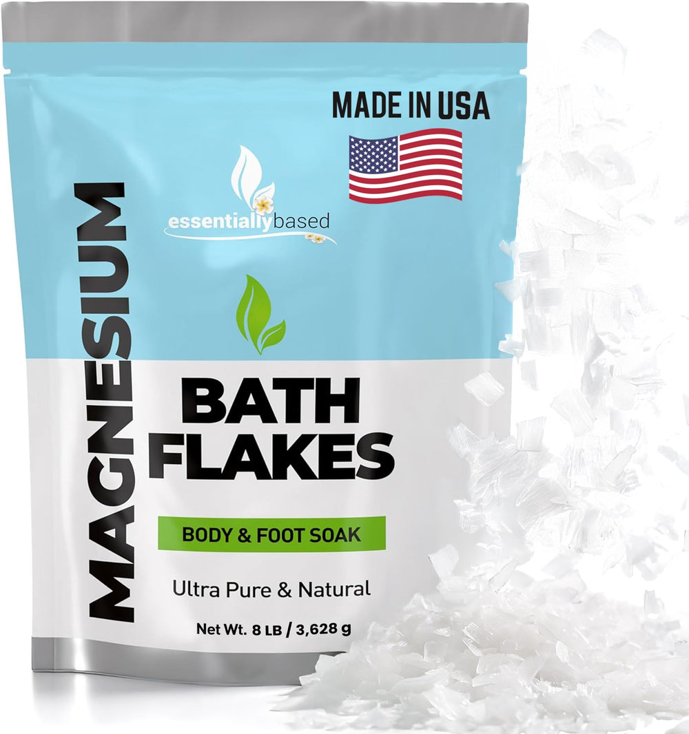 EssentiallyBased magnesium flakes 8 lb pack ready for a relaxing bath soak
