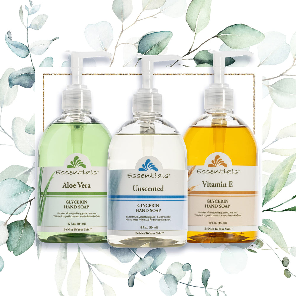 Essentials glycerin hand soap unscented 12oz with aloe vera and vitamin E ingredients