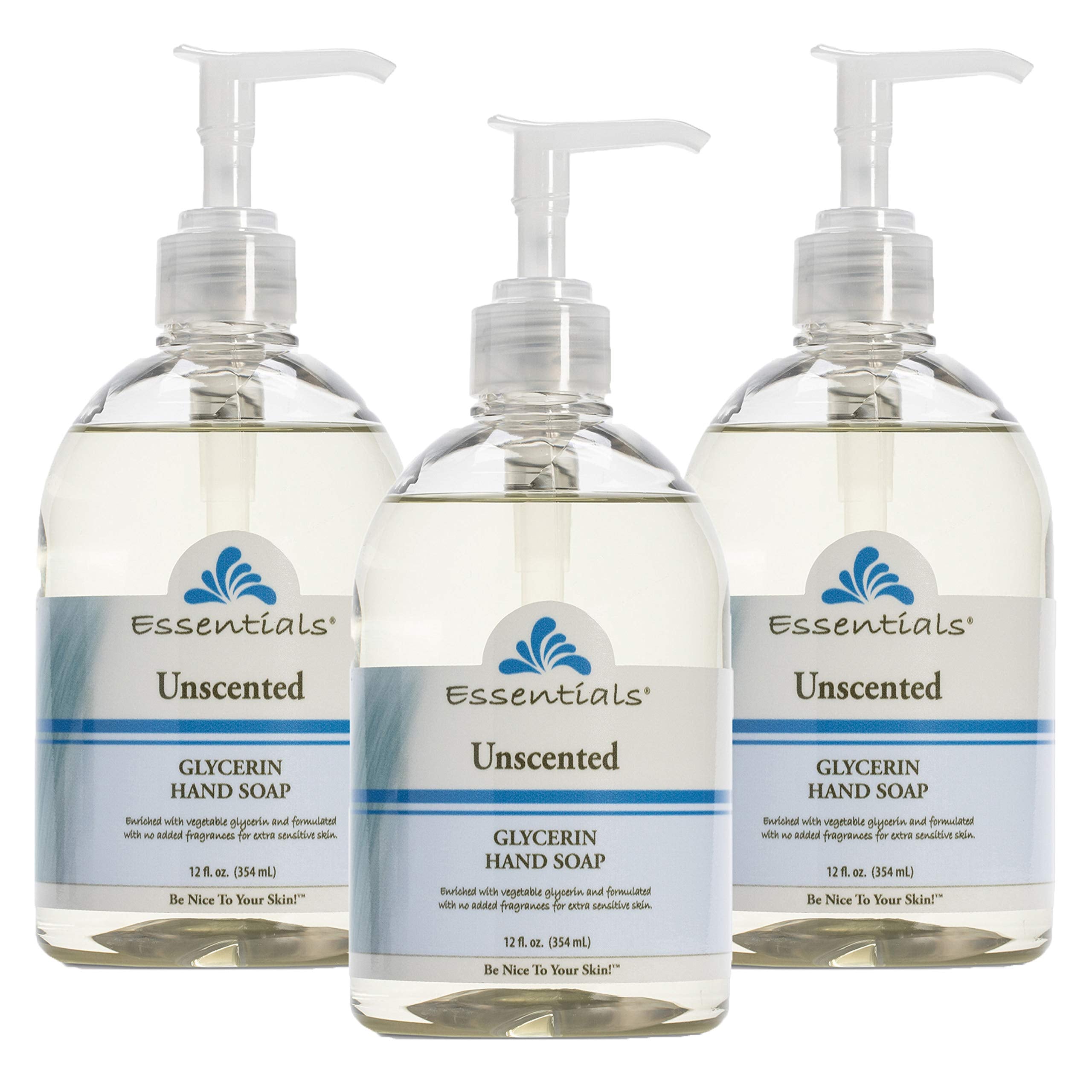 Essentials glycerin hand soap unscented 12oz pump close-up highlighting moisturizing formula for sensitive skin