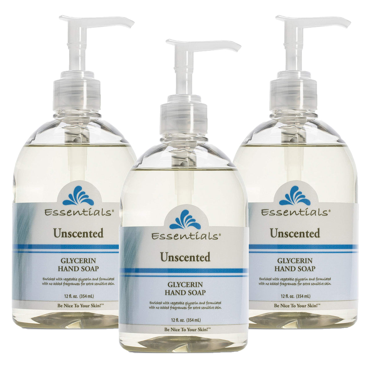 Essentials glycerin hand soap unscented 12oz pump close-up highlighting moisturizing formula for sensitive skin