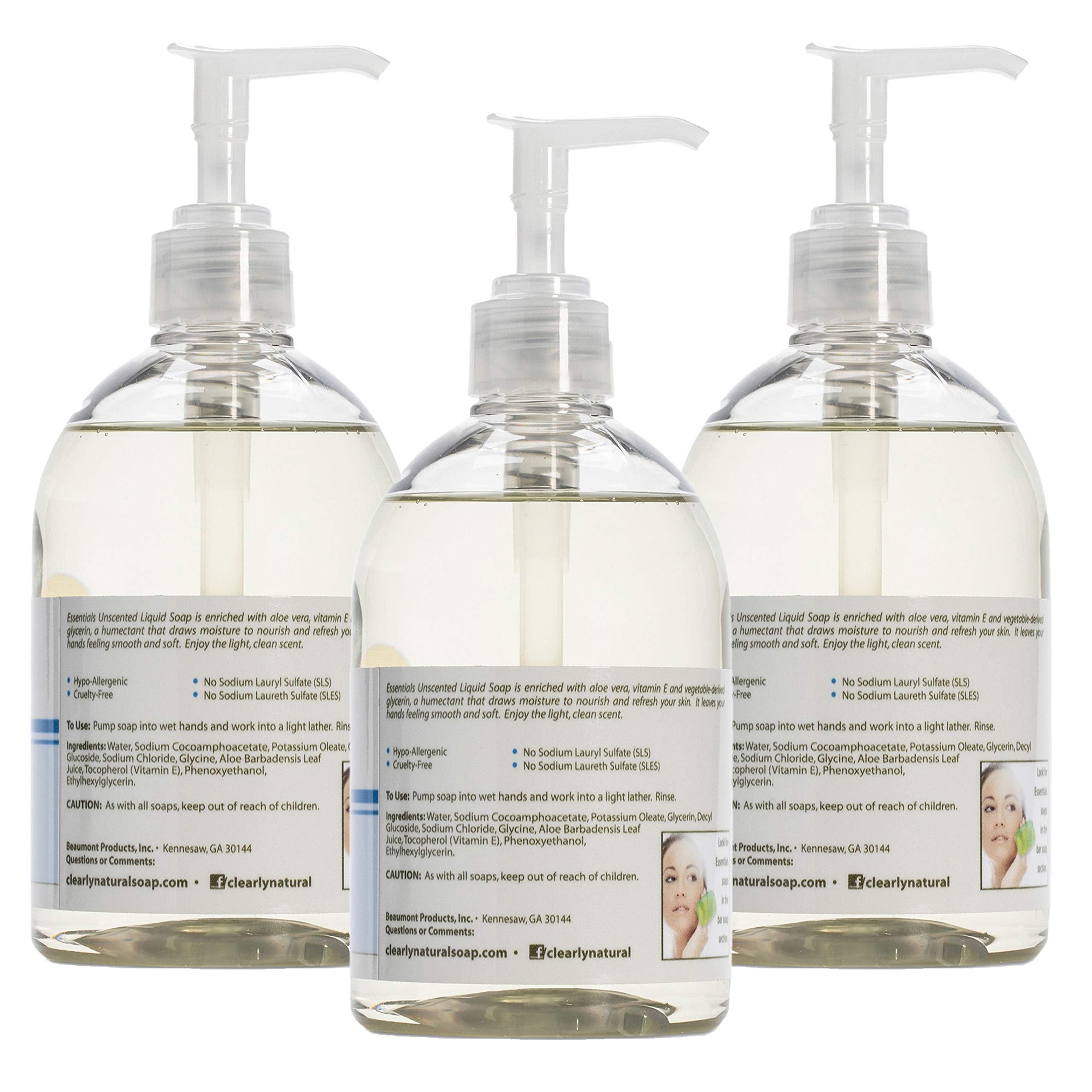 Essentials glycerin hand soap unscented 12oz pump by sink demonstrates easy rinse and no sticky residue
