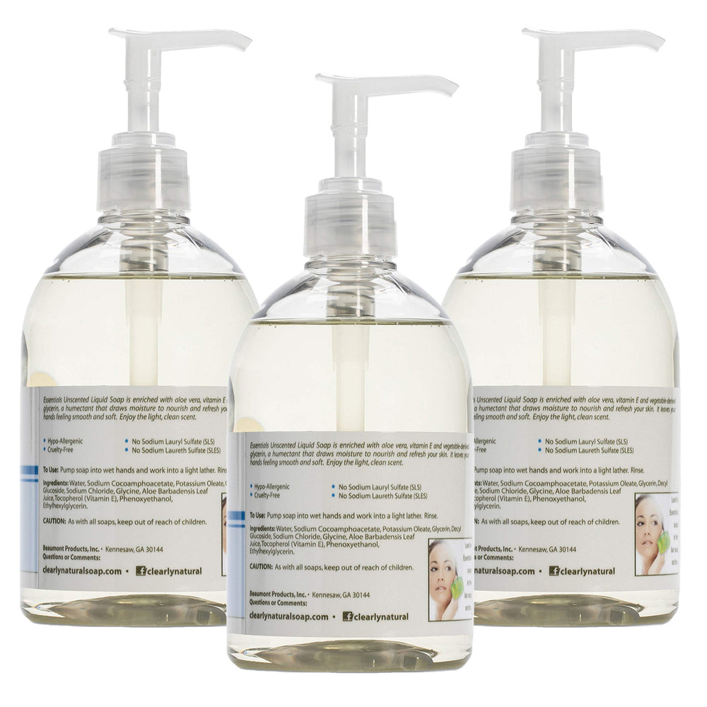 Essentials glycerin hand soap unscented 12oz pump by sink demonstrates easy rinse and no sticky residue