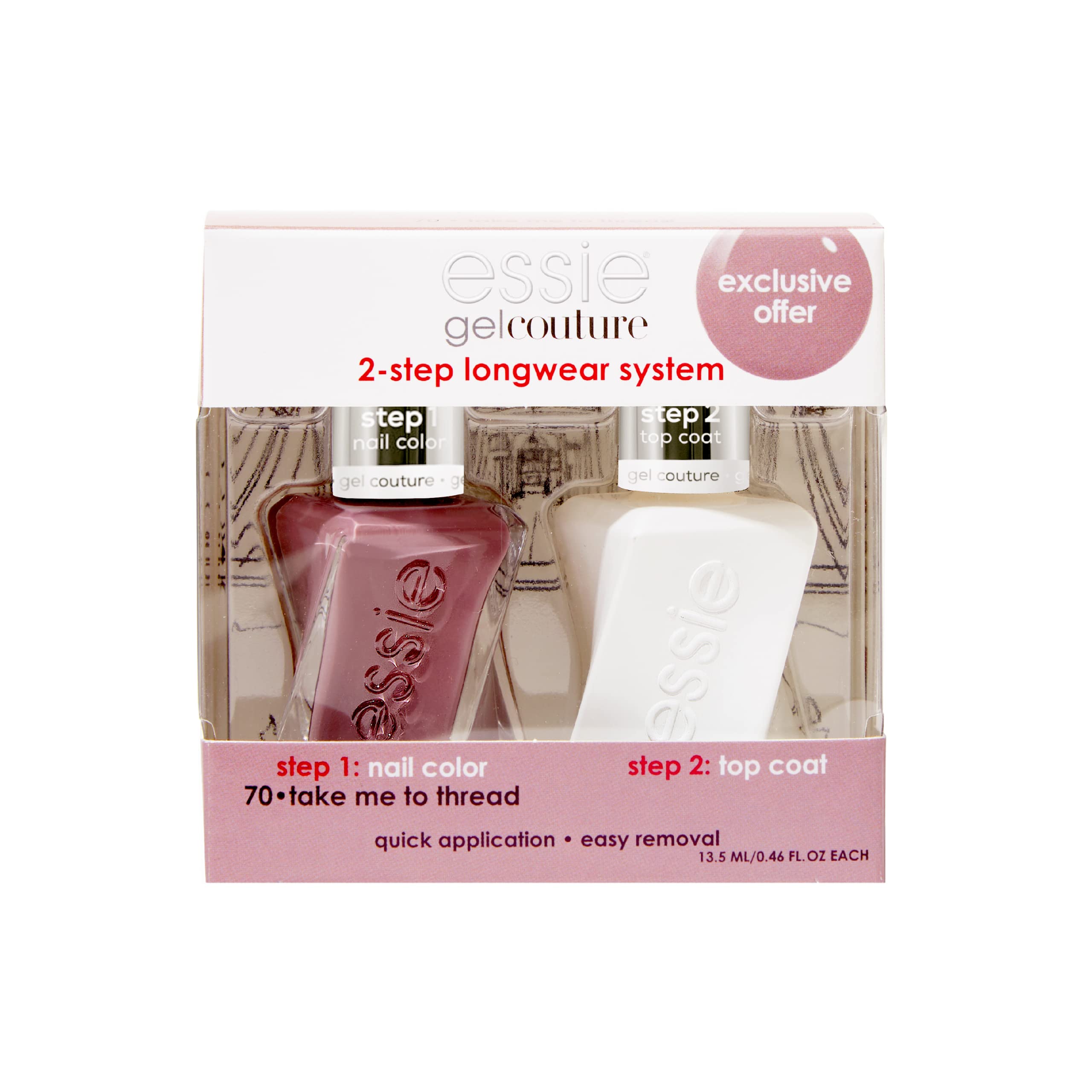 essie Gel Couture kit color swatch in Take Me To Thread showing longwear mauve shade.
