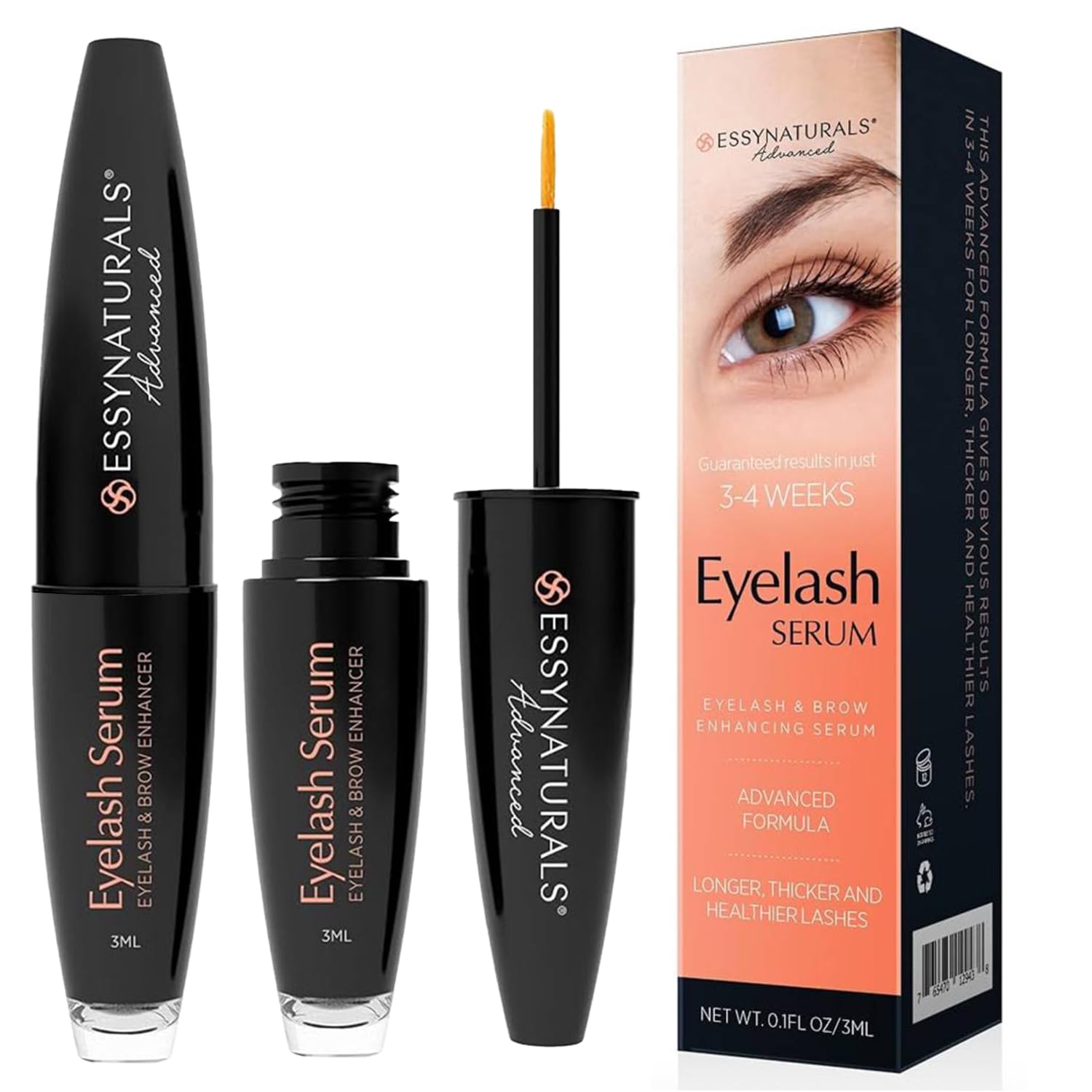 EssyNaturals Advanced eyelash serum bottle shows sleek packaging for daily growth support.