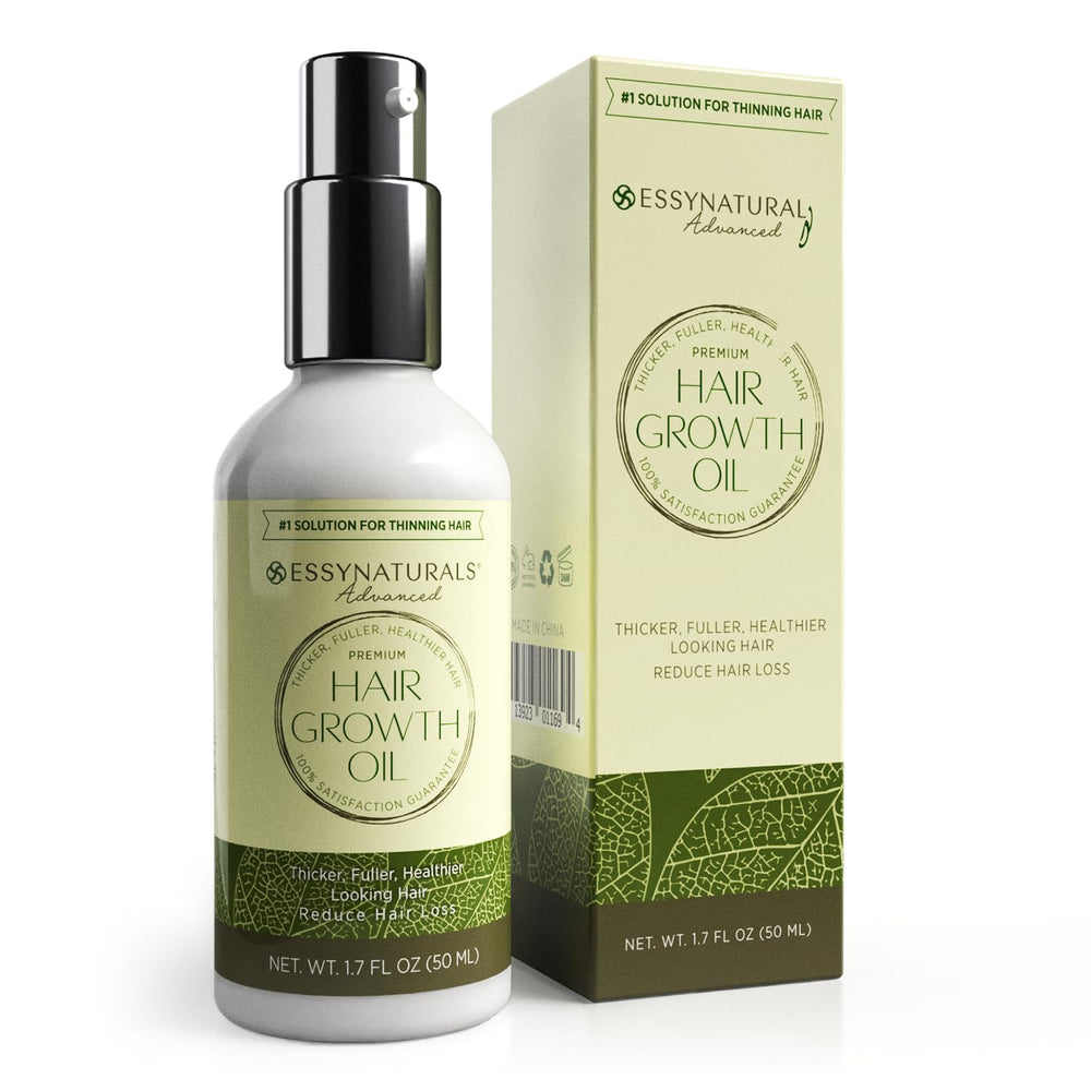 EssyNaturals Hair Growth Oil bottle pour shows easy daily use and premium formula