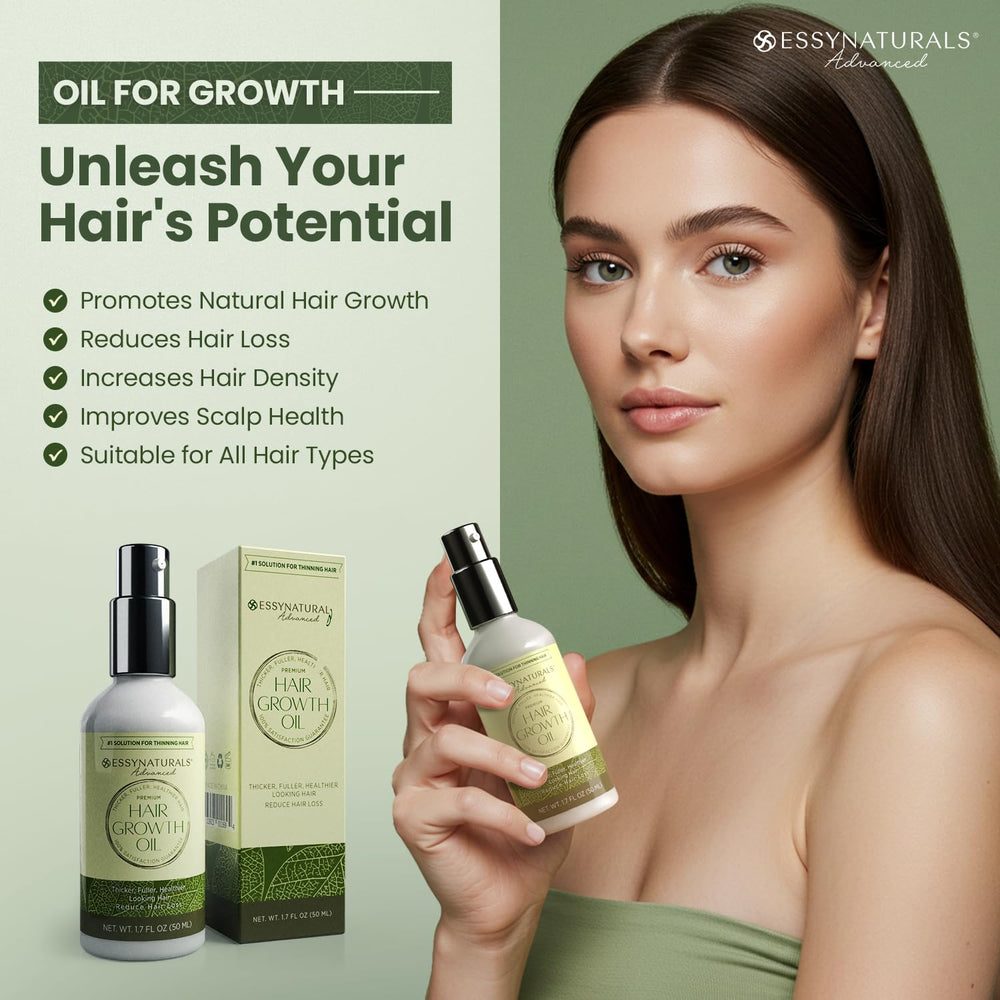 EssyNaturals Hair Growth Oil with caffeine boosts scalp energy and fullness