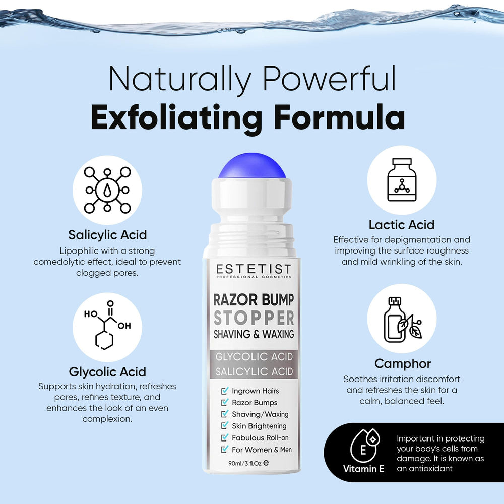 ESTETIST Post-Shave Serum bottle highlights glycolic and vitamin E benefits