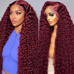 Estilar 30-inch burgundy lace front wig with deep wave for dramatic length and color.