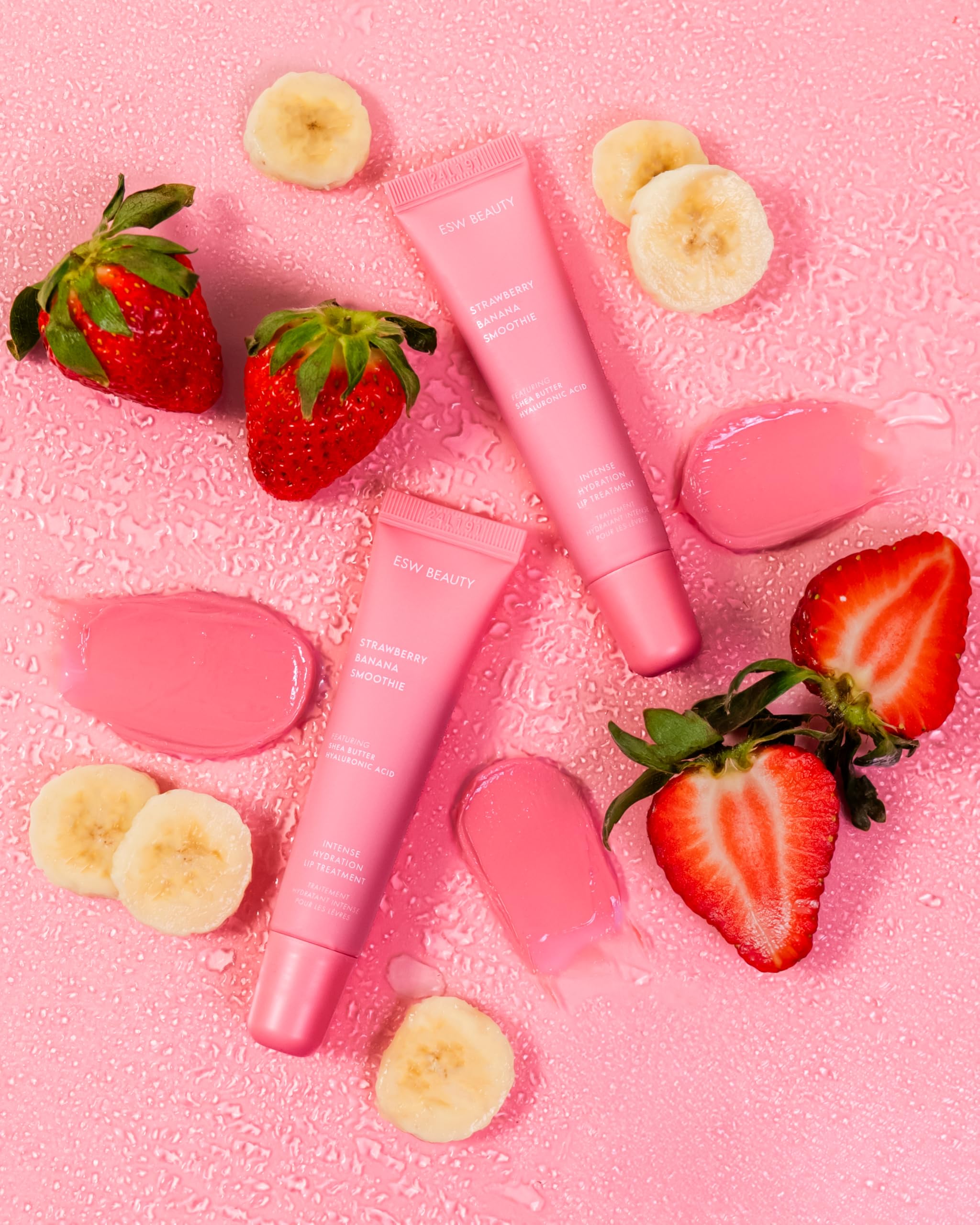 ESW Beauty lip tint swatch shows natural pink nude color and moisturized lips.