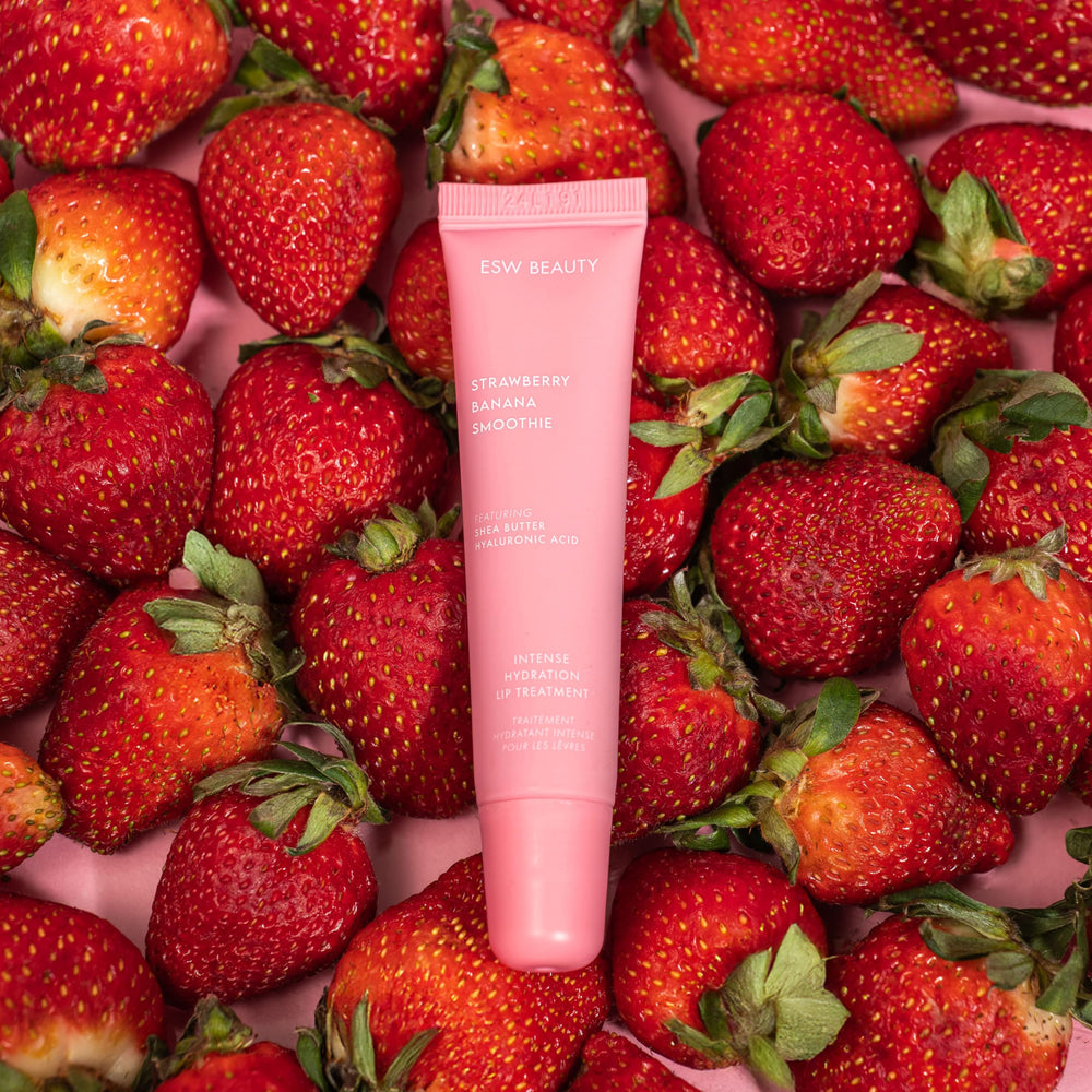ESW Beauty strawberry and banana illustration emphasizes natural extracts for gentle conditioning.