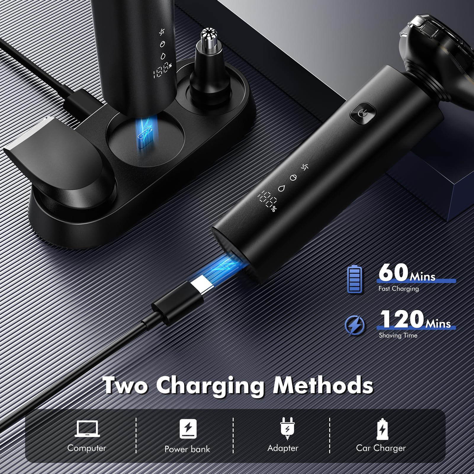 ETENTOUS electric razor IPX7 waterproof feature ready for wet or dry shaves.