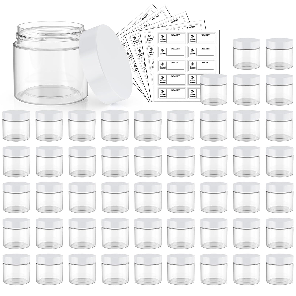 Eternal Moment 2oz clear jar with white lid ready for cosmetics storage and travel.
