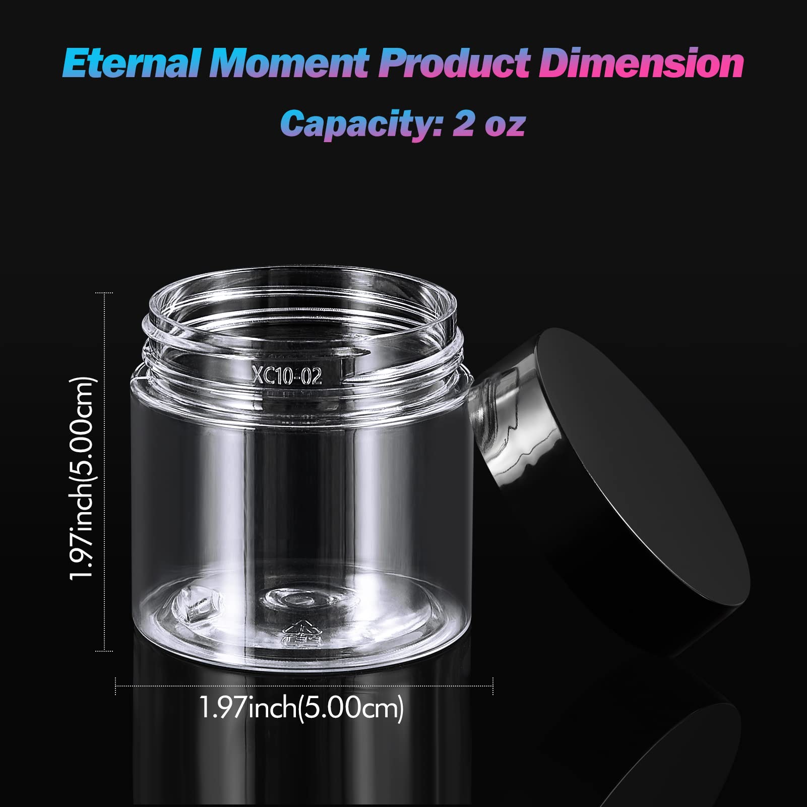 Eternal Moment 2oz round jars with black lids, easy to fill and transport.
