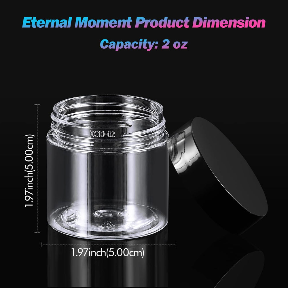 Eternal Moment 2oz round jars with black lids, easy to fill and transport.