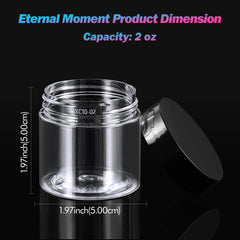 Eternal Moment 2oz round jars with black lids, easy to fill and transport.