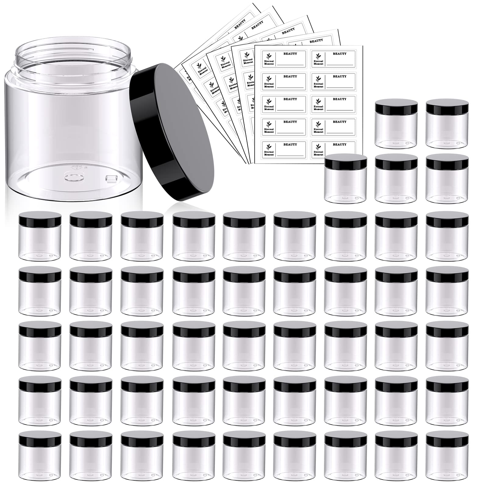 Eternal Moment 50-pack 2oz clear jars with lids for cosmetics and samples.