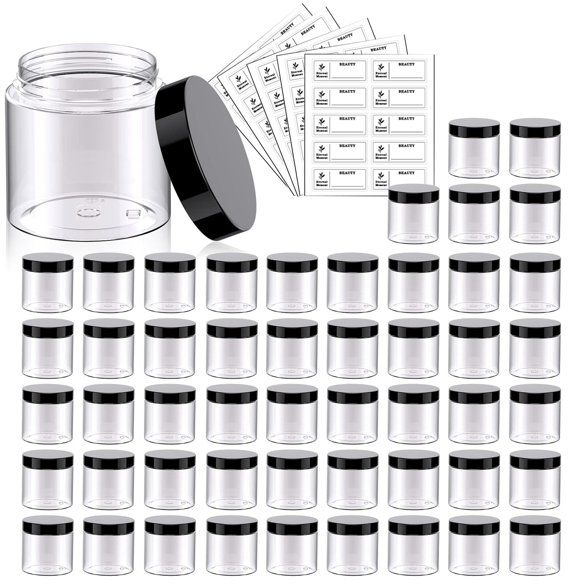 Eternal Moment 50-pack 2oz clear jars with lids for cosmetics and samples.