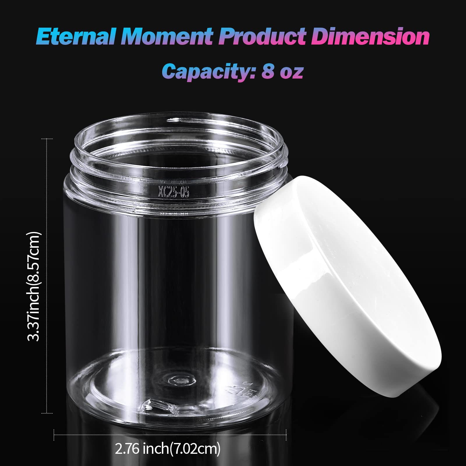Eternal Moment 8oz round clear jars with white lids show contents clearly and stay secure.