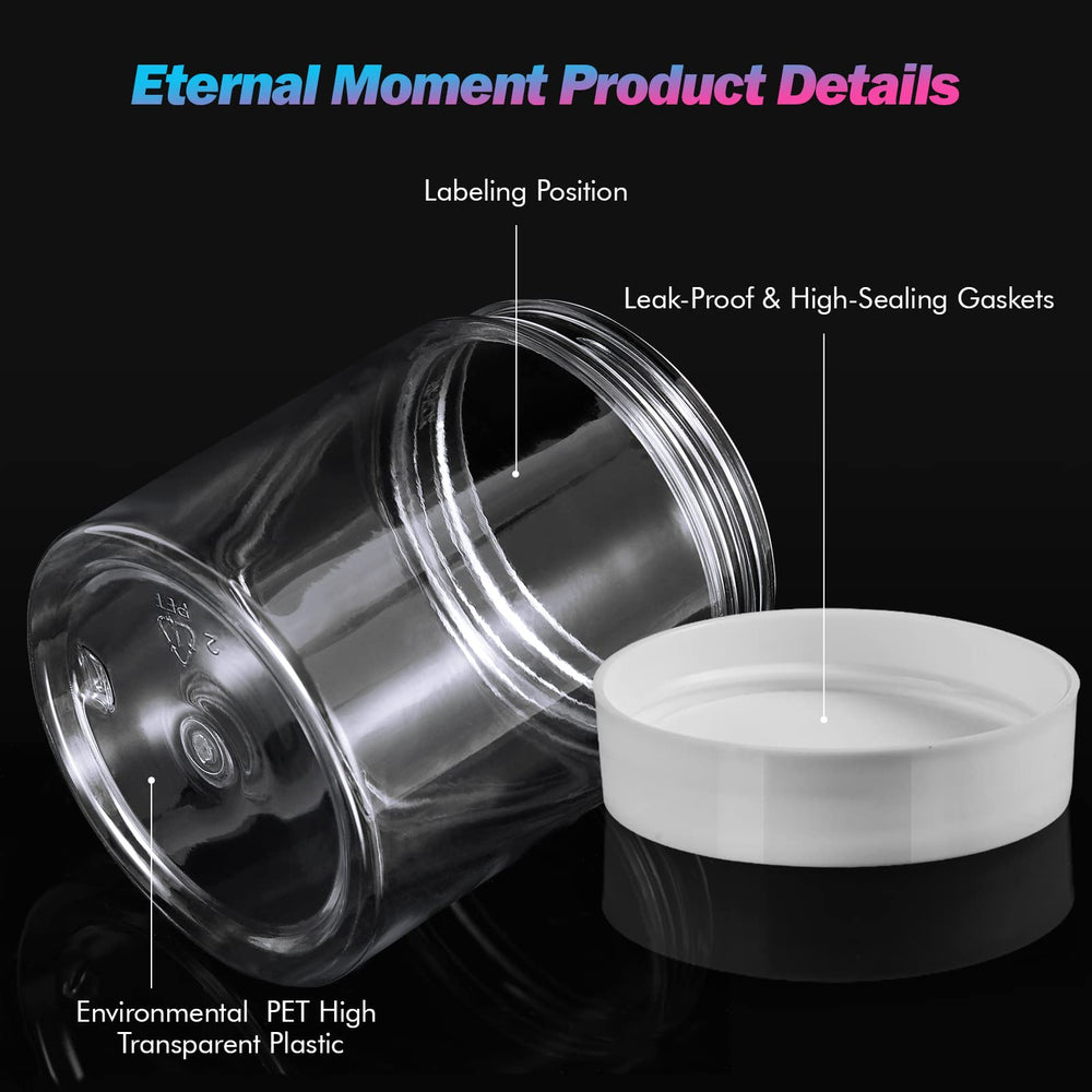 Eternal Moment screw-on lids with foam liners create air-tight seals for travel-safe storage.