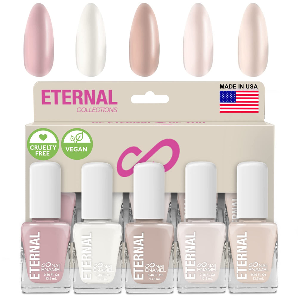 Eternal Pastel Nail Polish Set packaging showcases five versatile nude shades for daily wear.