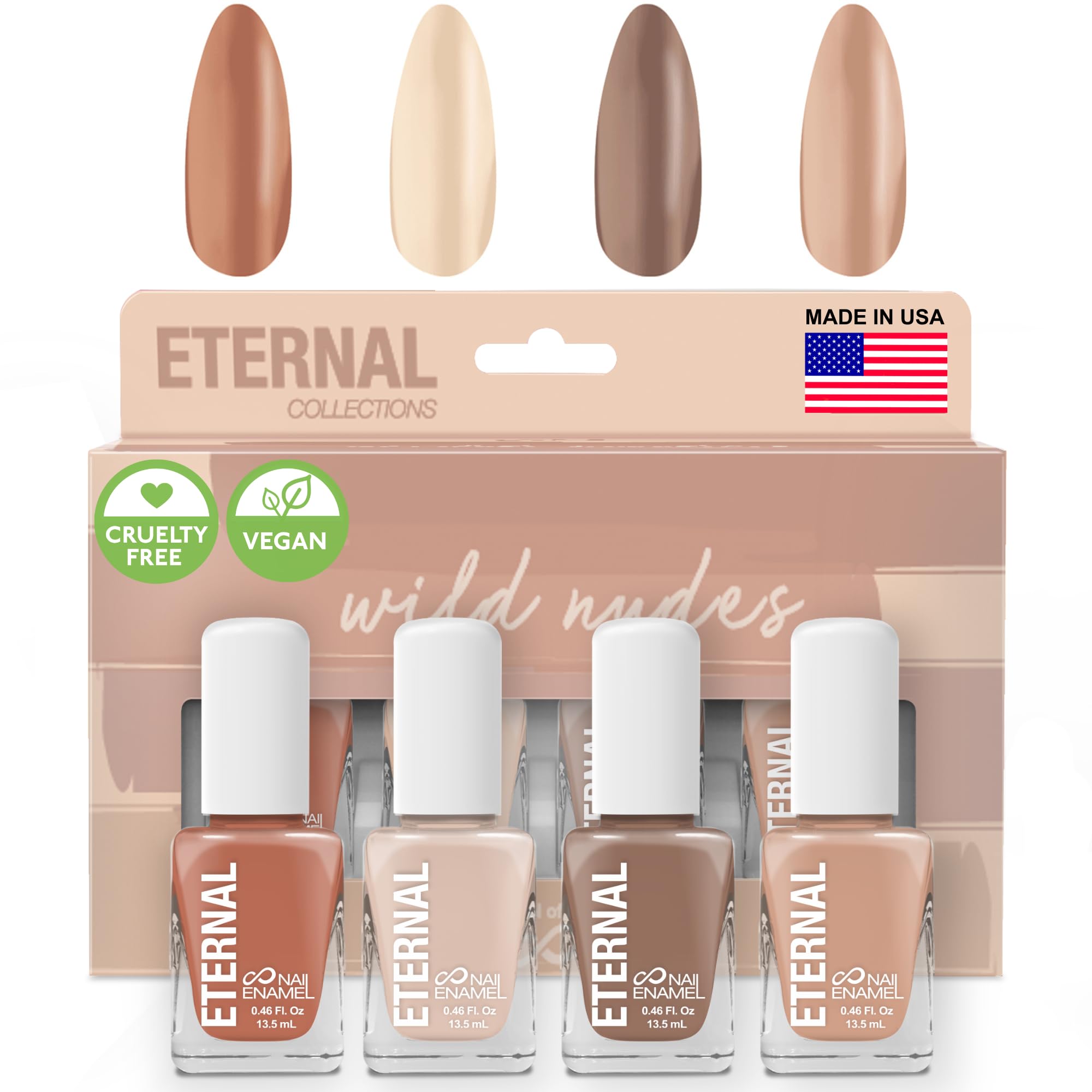 Eternal Wild Nudes packaging with four brown nude polishes for home manicures.