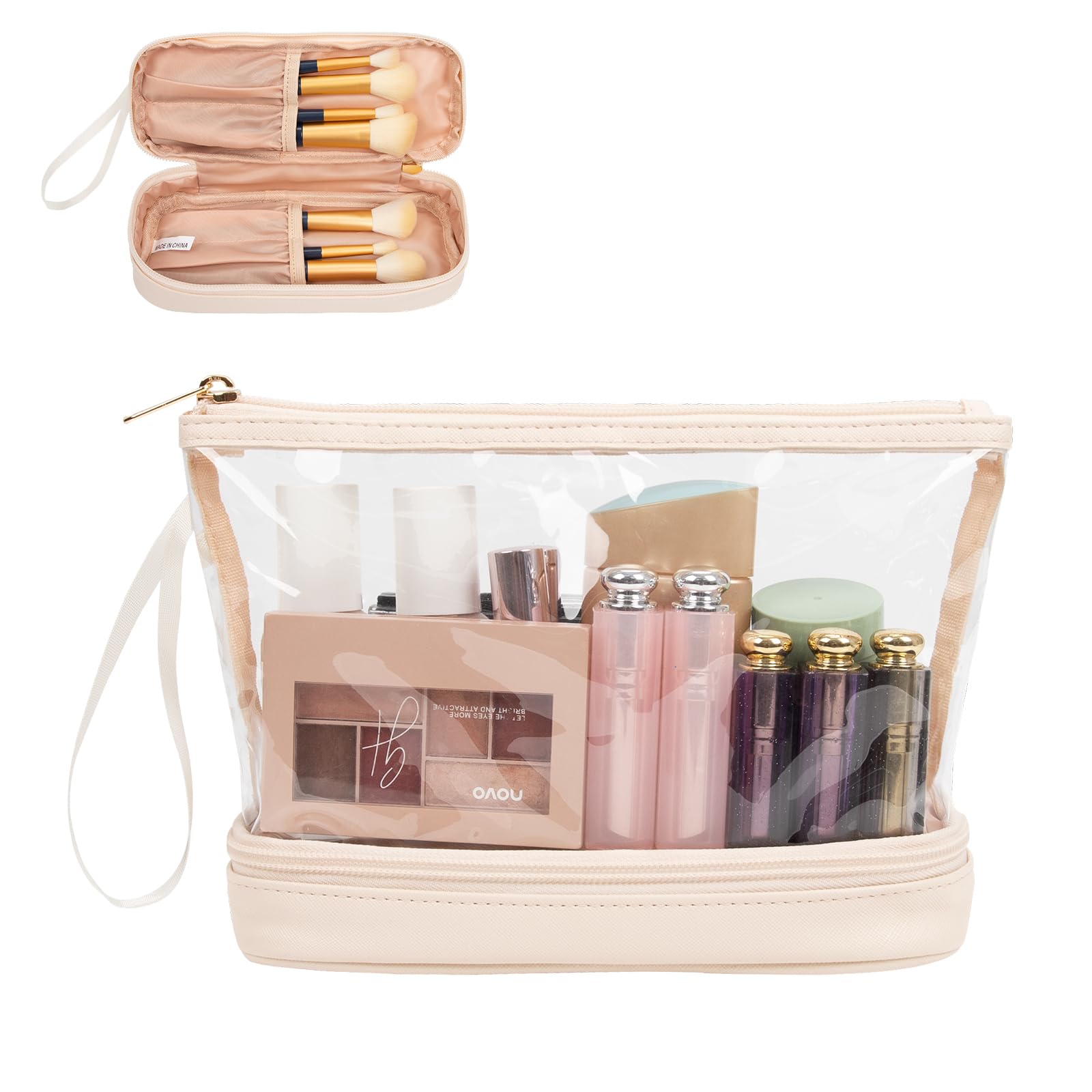 Ethereal Clear Makeup Bag top layer organization for quick travel touch-ups