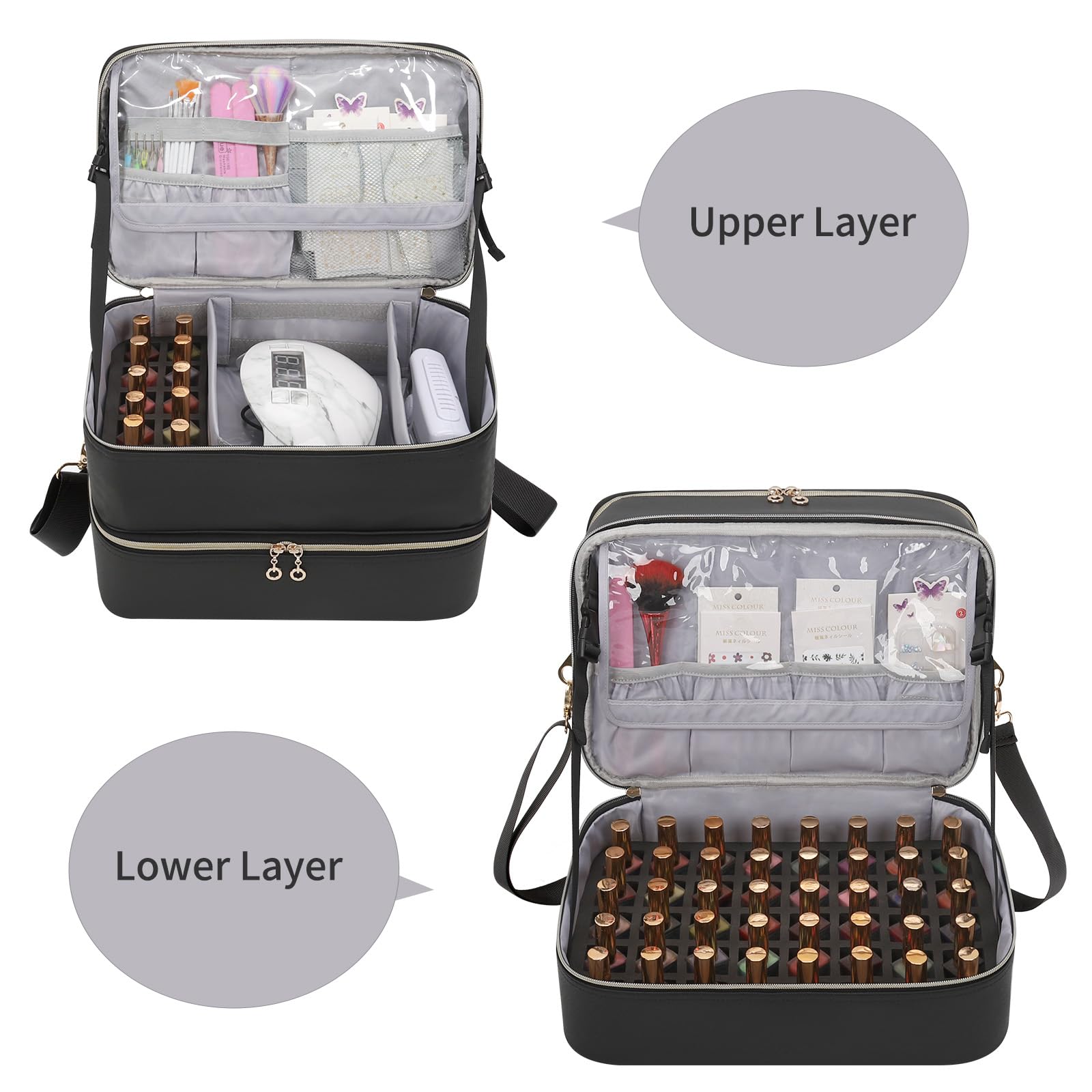 Ethereal Leather Nail Polish Organizer Case inside compartments showing 50+ bottle capacity.