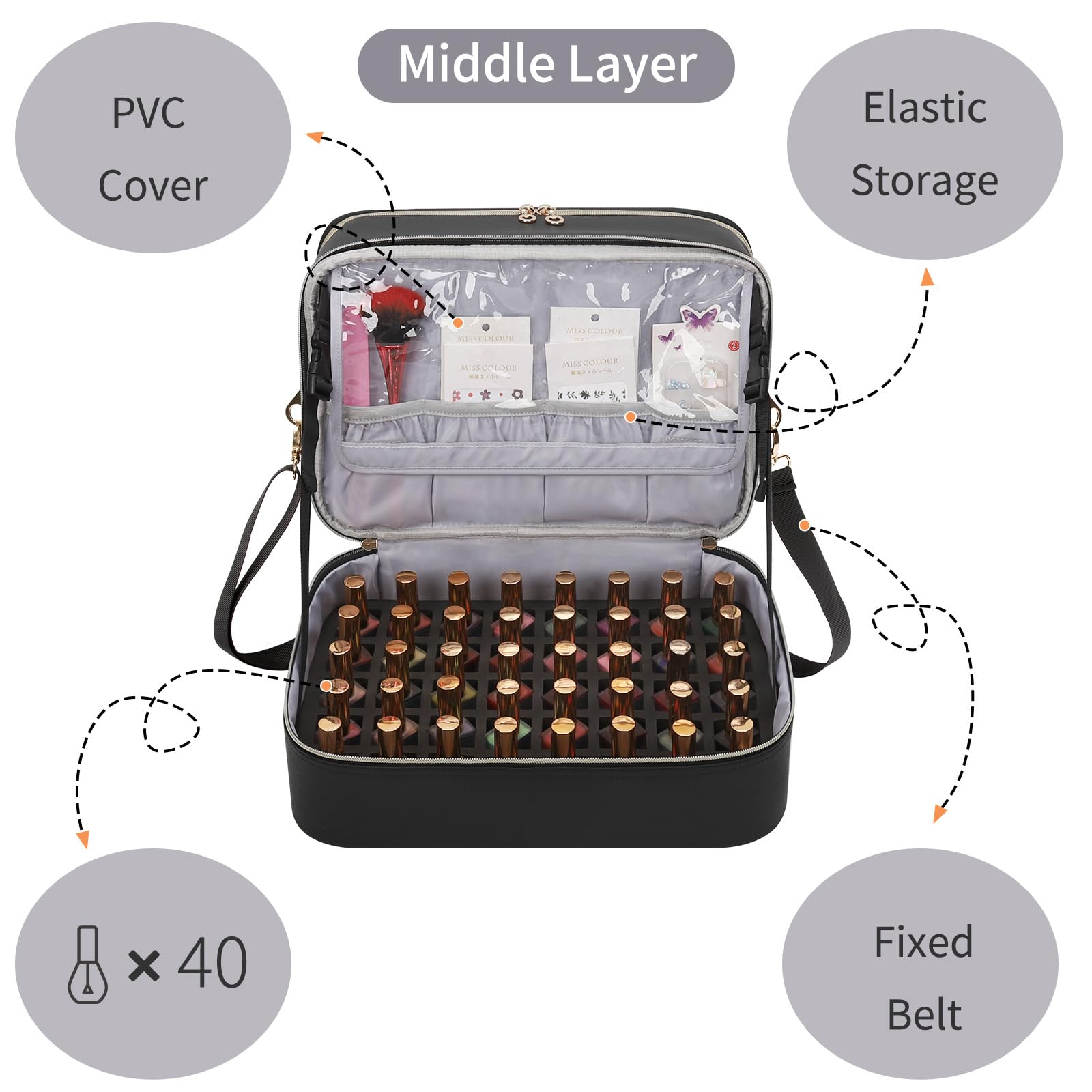 Ethereal Leather Nail Polish Organizer Case trolley strap enables convenient travel setup.
