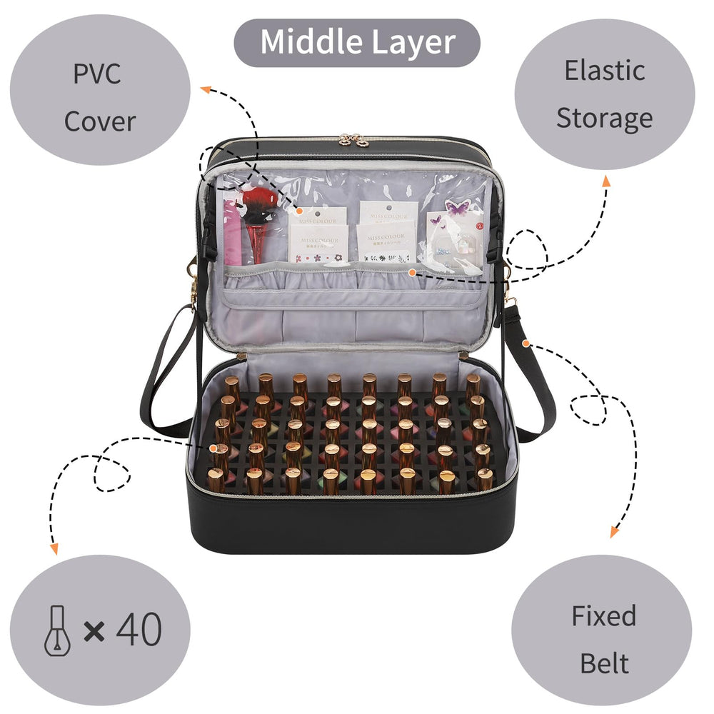 Ethereal Leather Nail Polish Organizer Case trolley strap enables convenient travel setup.
