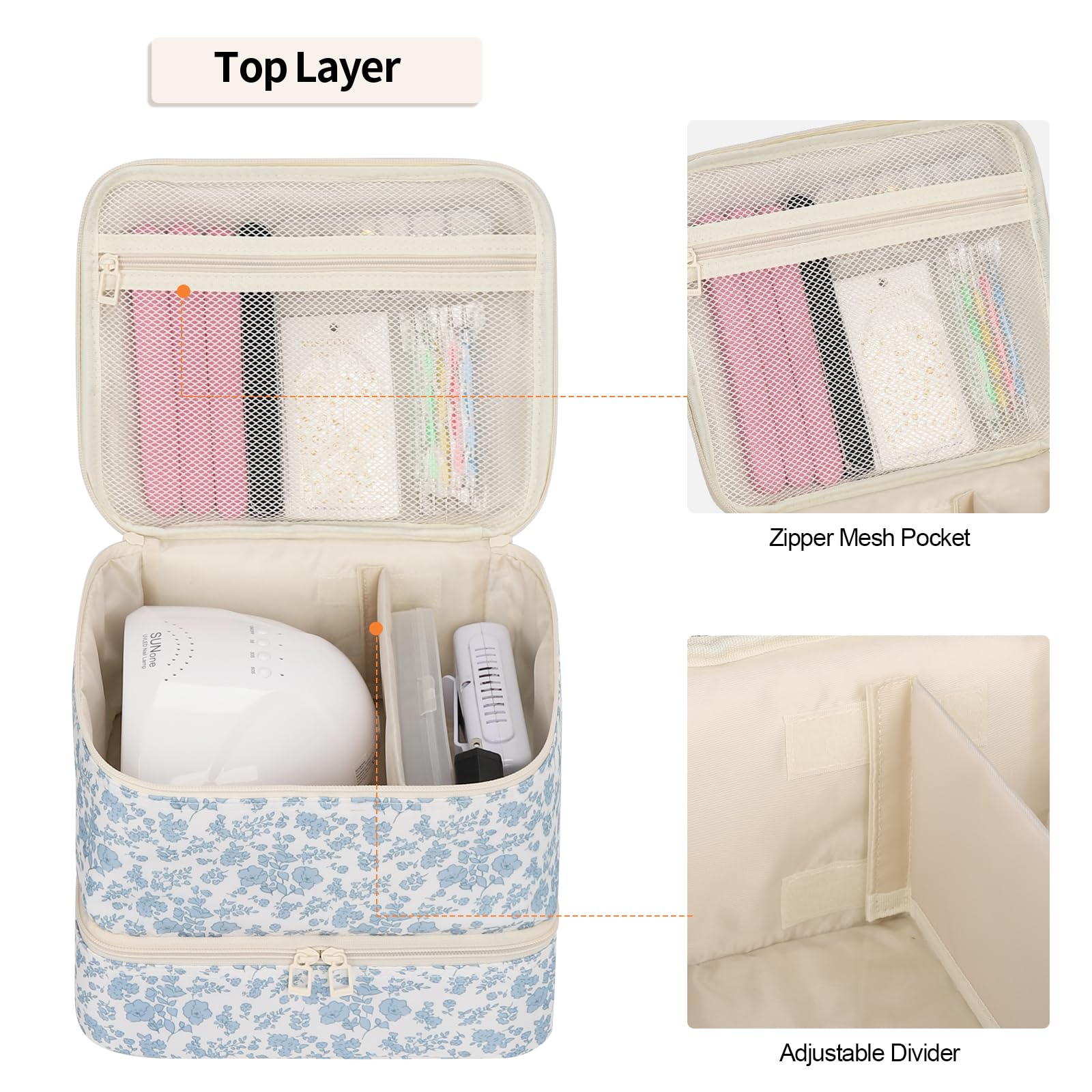 Top layer of Ethereal organizer bag designed for lamp and drill storage