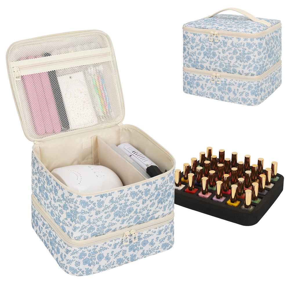 Ethereal Nail Polish Organizer Bag top view shows capacity for 30+ bottles and travel-ready layout