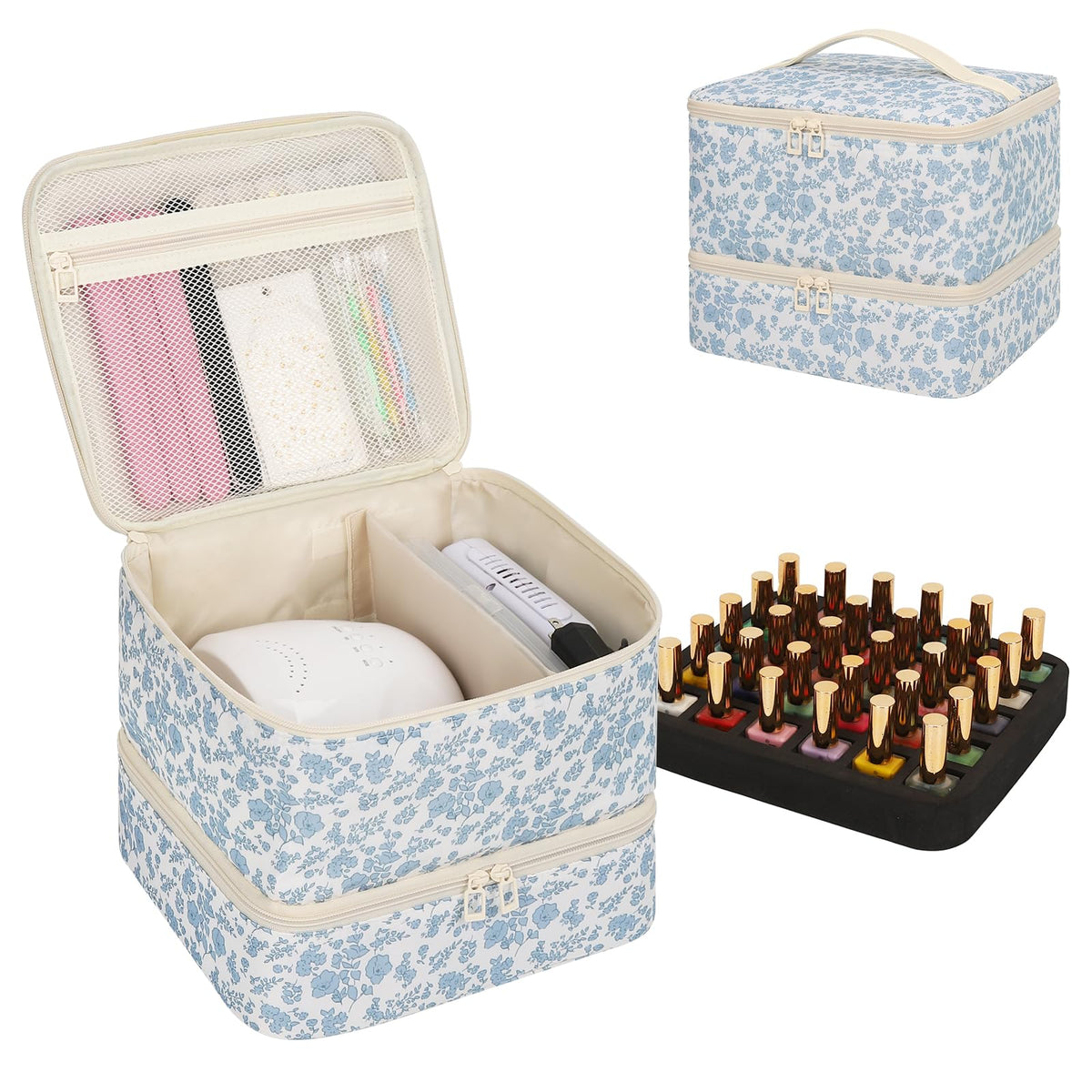 Ethereal Nail Polish Organizer Bag top view shows capacity for 30+ bottles and travel-ready layout