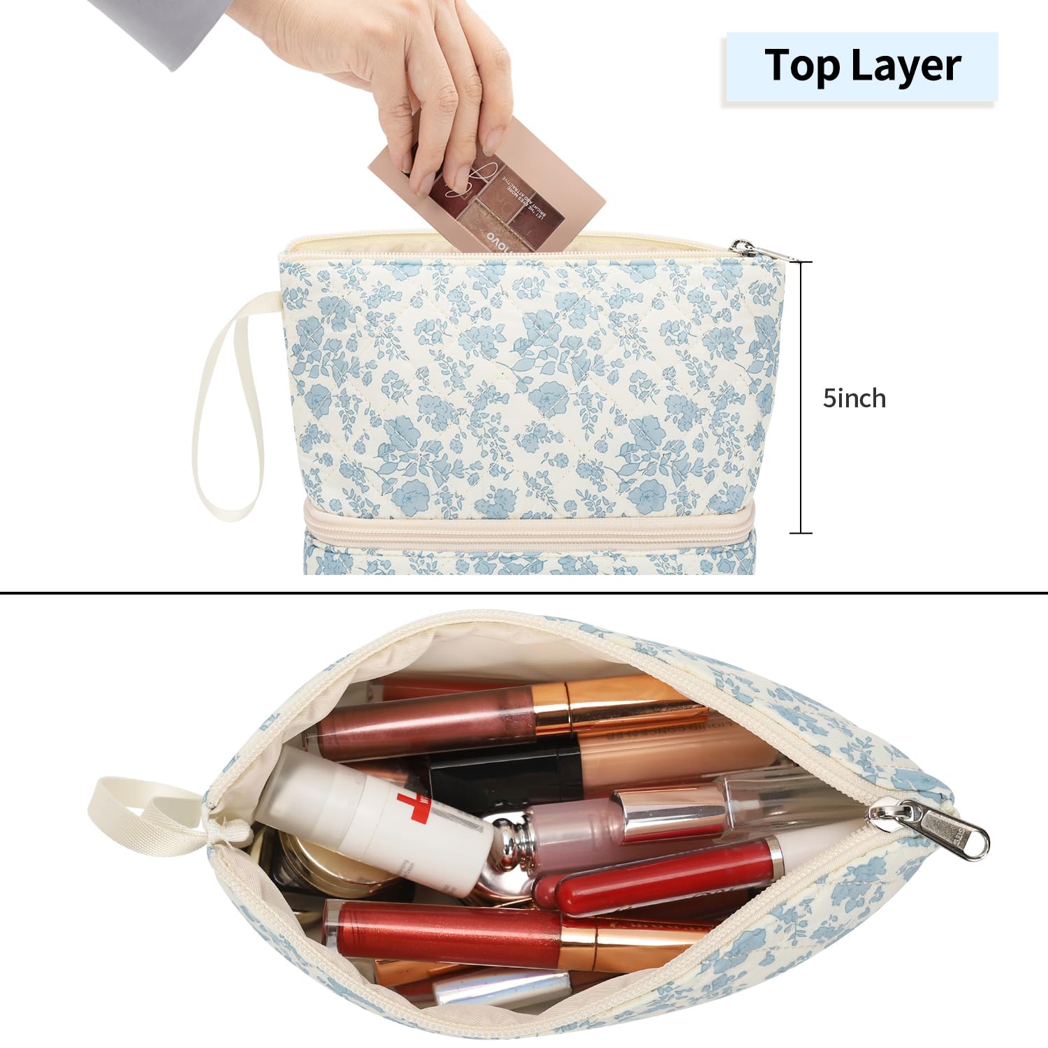 Ethereal small makeup bag blue flower open compartments showing two-layer design