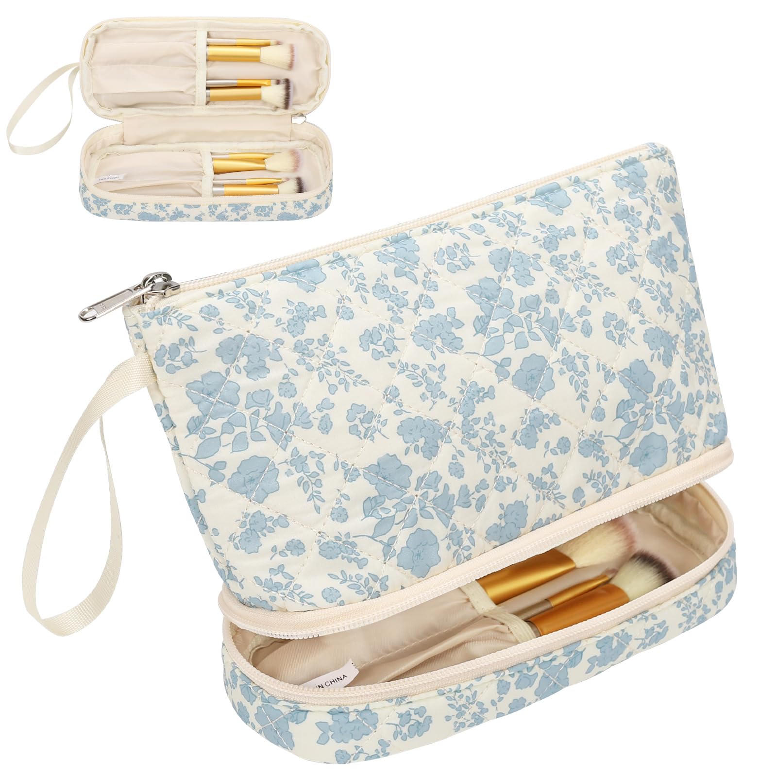 Ethereal small makeup bag top view highlighting organized travel storage