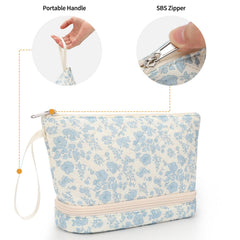 Ethereal small makeup bag blue flower waterproof nylon material