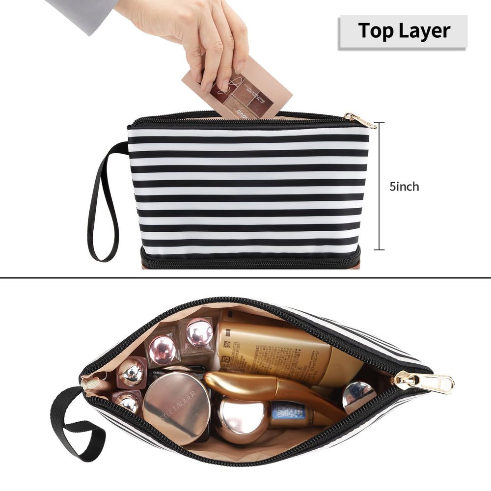 Ethereal stripe makeup bag lower layer for brushes enables quick access during routines.