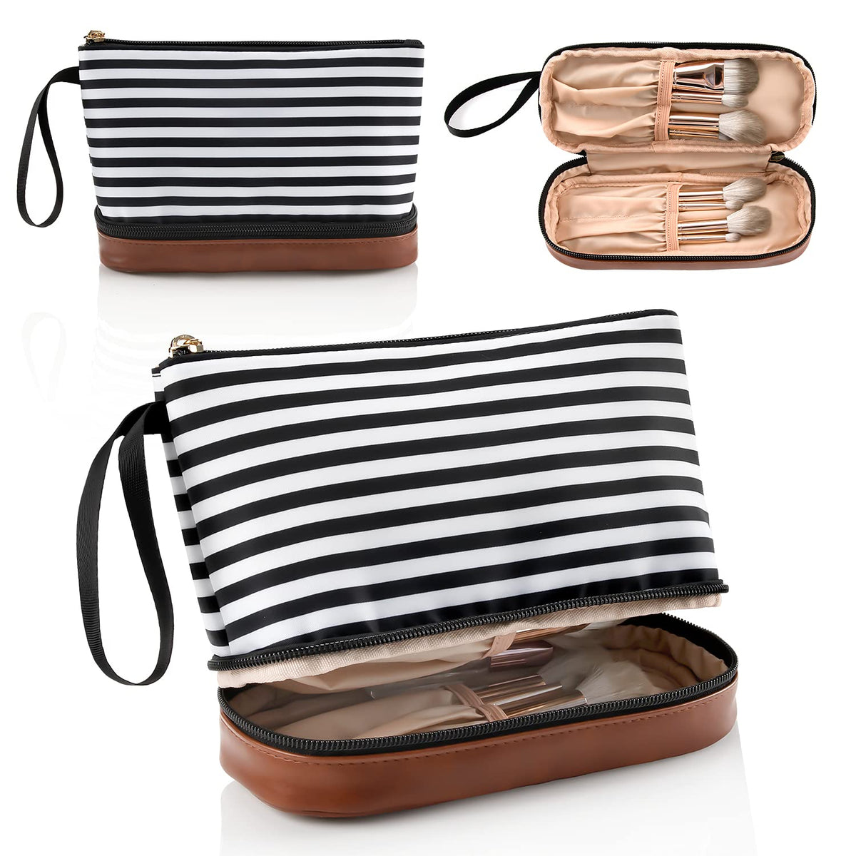 Ethereal small makeup bag purse stripe front showcases compact daily cosmetics organization.