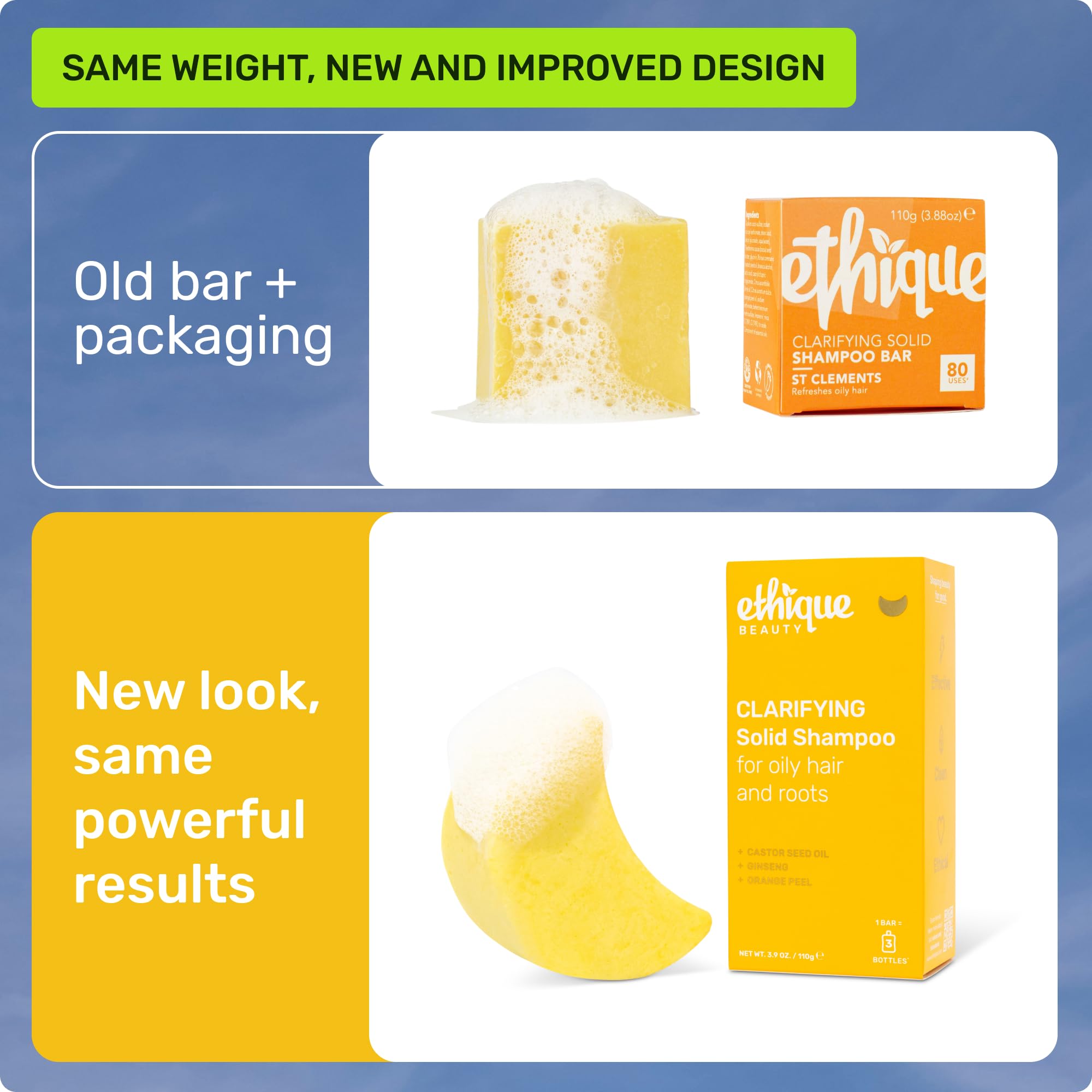 Ethique clarifying shampoo bar ginseng-orange-peel ingredients highlight refreshing scalp revitalization.