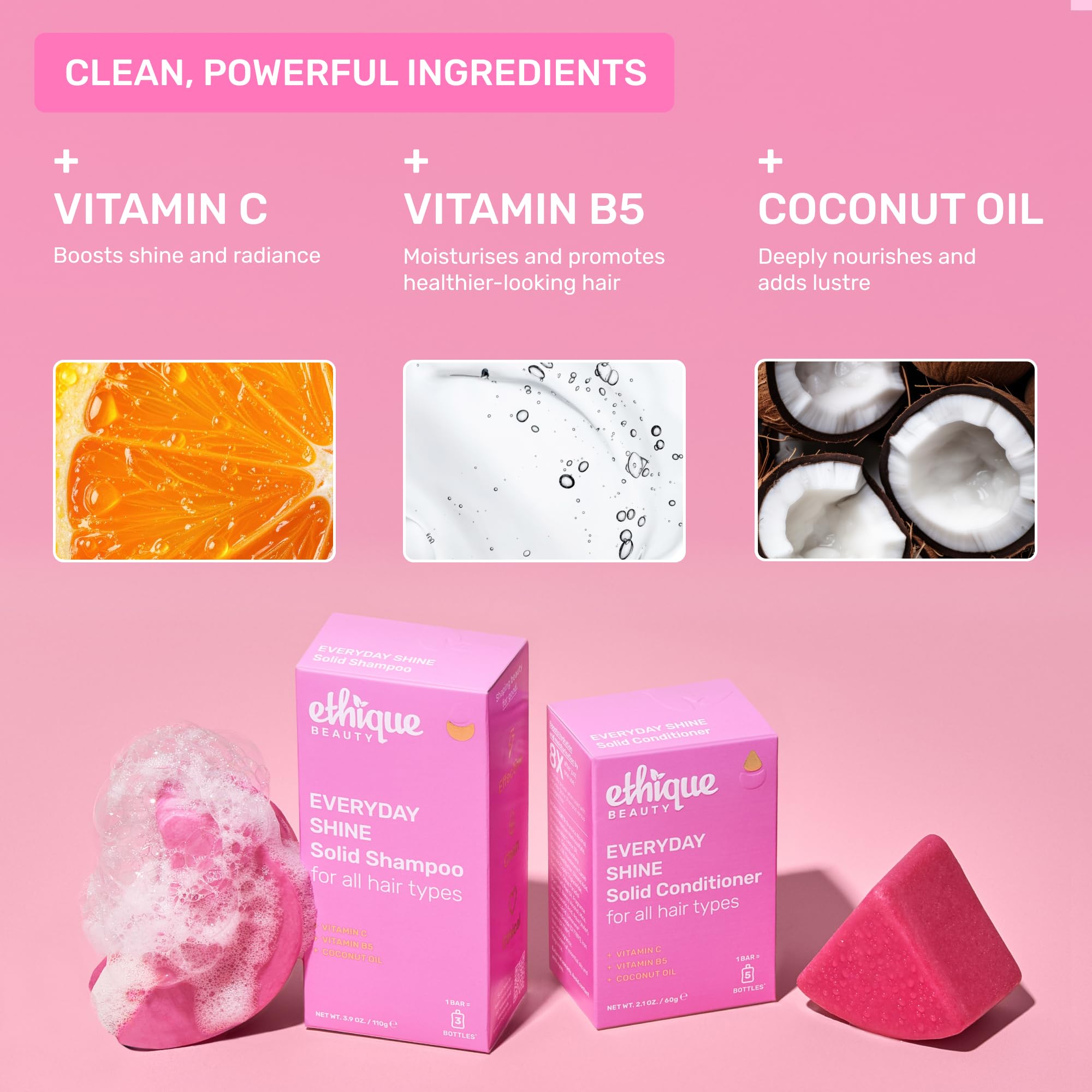 Ethique Everyday Conditioner Bar contains coconut oil for deep nourishment and shine.