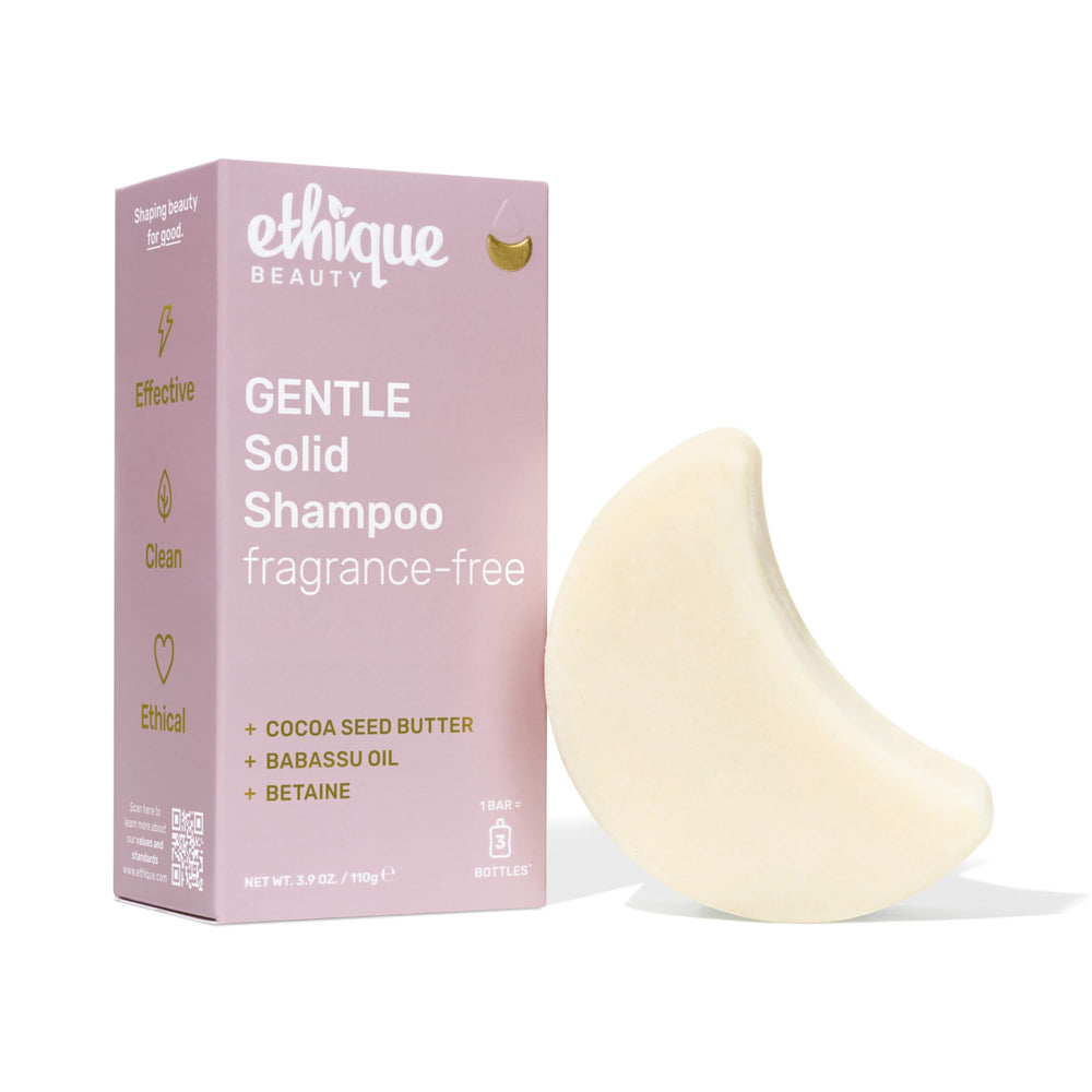 Ethique Gentle Unscented Shampoo Bar with Cocoa Butter close-up showing cocoa butter for soft hair benefits