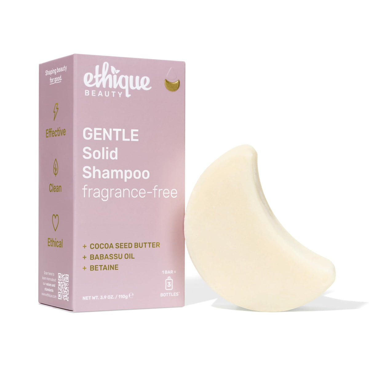 Ethique Gentle Unscented Shampoo Bar with Cocoa Butter close-up showing cocoa butter for soft hair benefits