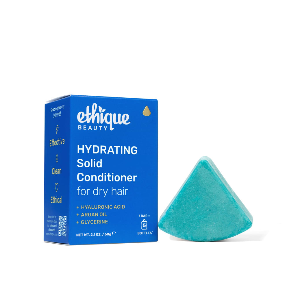 Ethique Hydrating Conditioner Bar packaging shows plastic-free design for eco-conscious haircare.