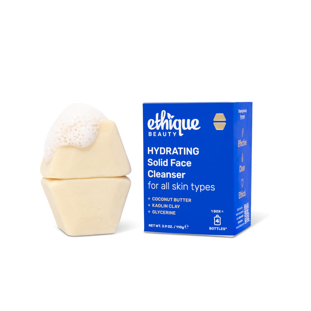 Ethique Hydrating solid cleanser packaging highlights plastic-free eco-friendly design for sustainable skincare.