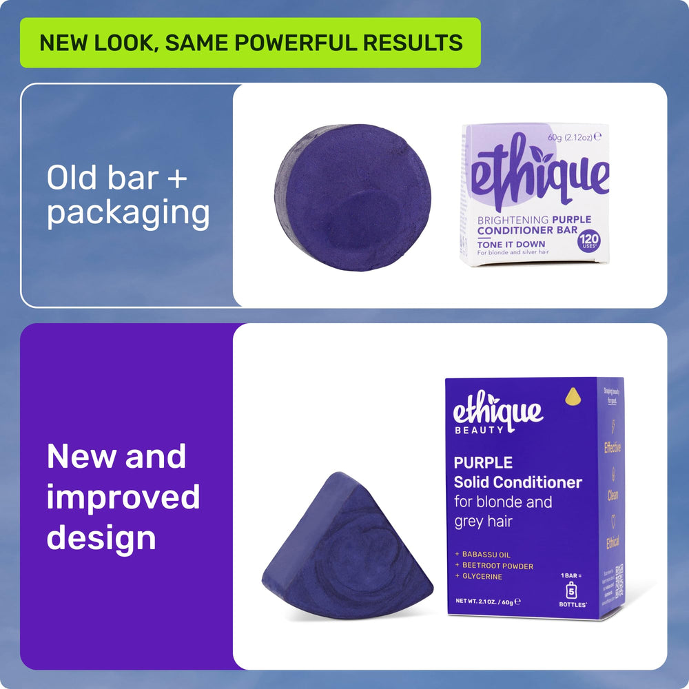 Ethique Purple Conditioner Bar brass-toning closeup shows beetroot-powered tone for brass control.