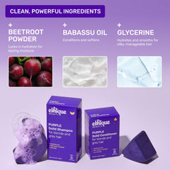 Ethique Purple Conditioner Bar on color-treated hair demonstrates color-safe conditioning and shine.