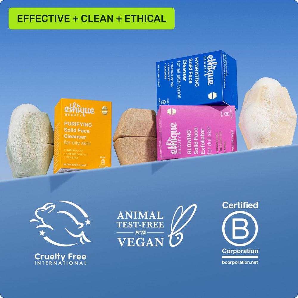 Ethique Hydrating vegan cruelty-free certification badge reinforces ethical skincare choice.