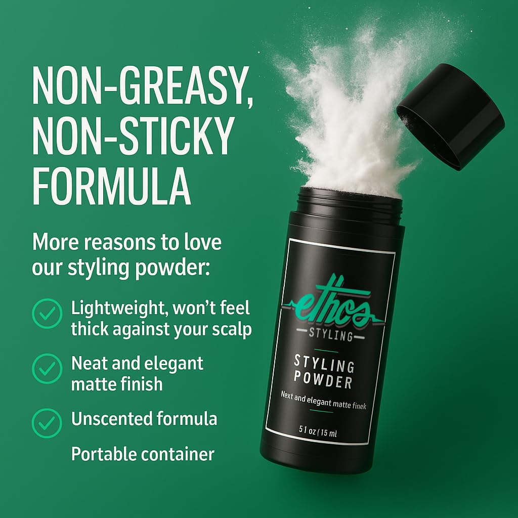 Ethos Styling Texture Powder volume shot demonstrates matte, non-greasy hold for all-day style.