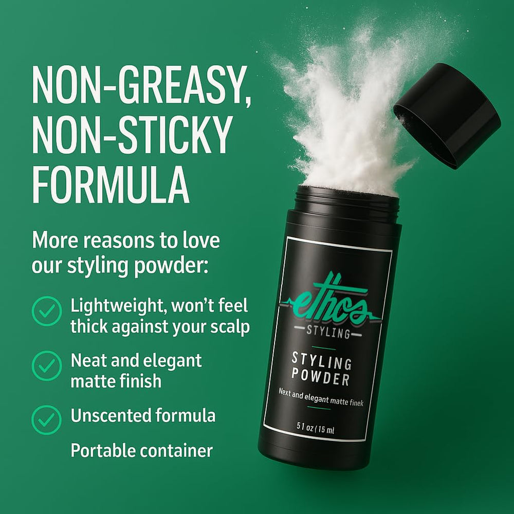 Ethos Styling Texture Powder volume shot demonstrates matte, non-greasy hold for all-day style.
