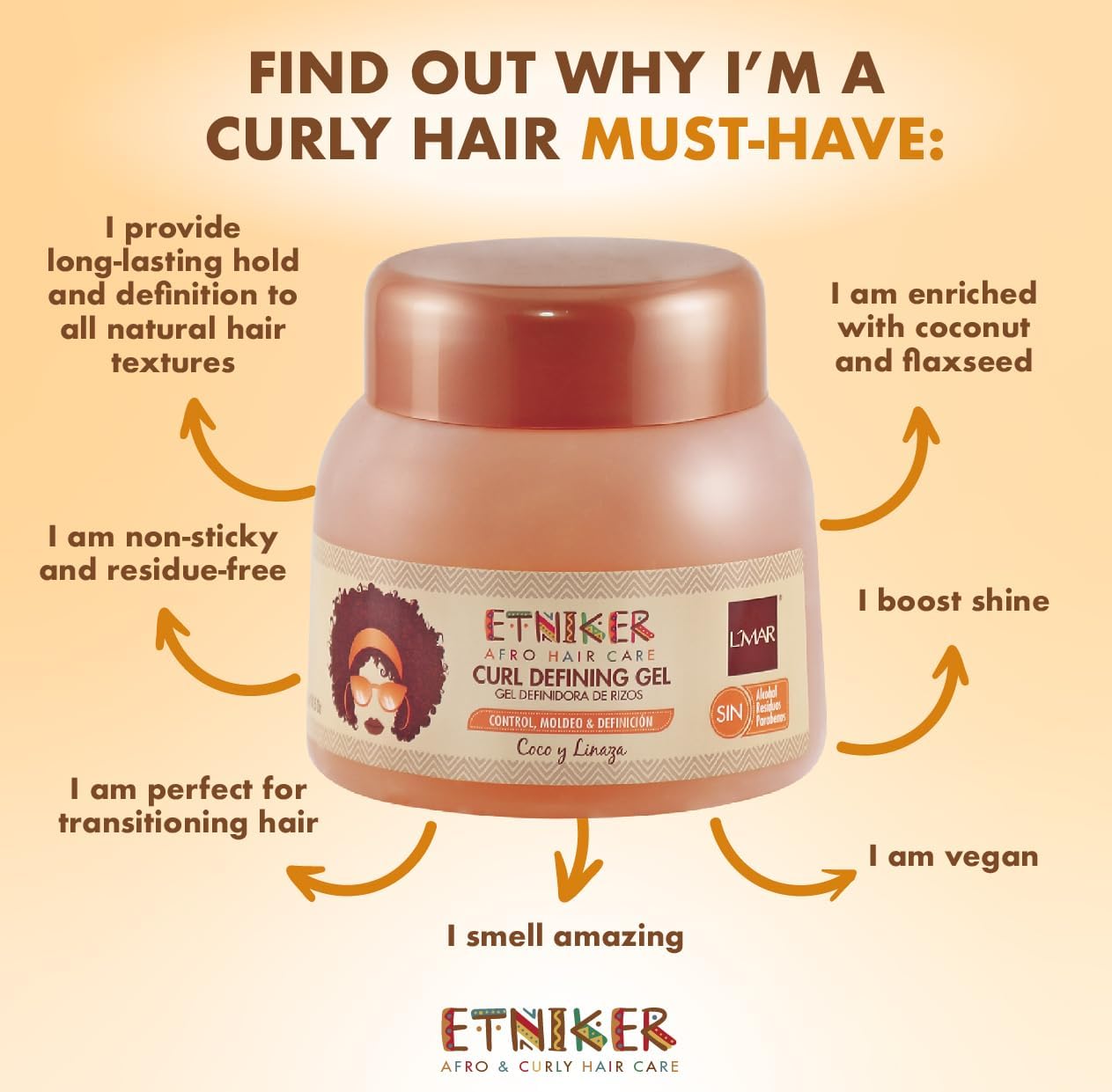 ETNIKER Curl Defining Gel bottle highlighting shine without flakes.