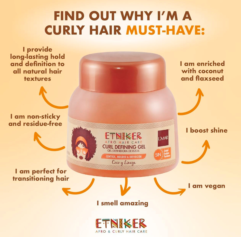 ETNIKER Curl Defining Gel bottle highlighting shine without flakes.